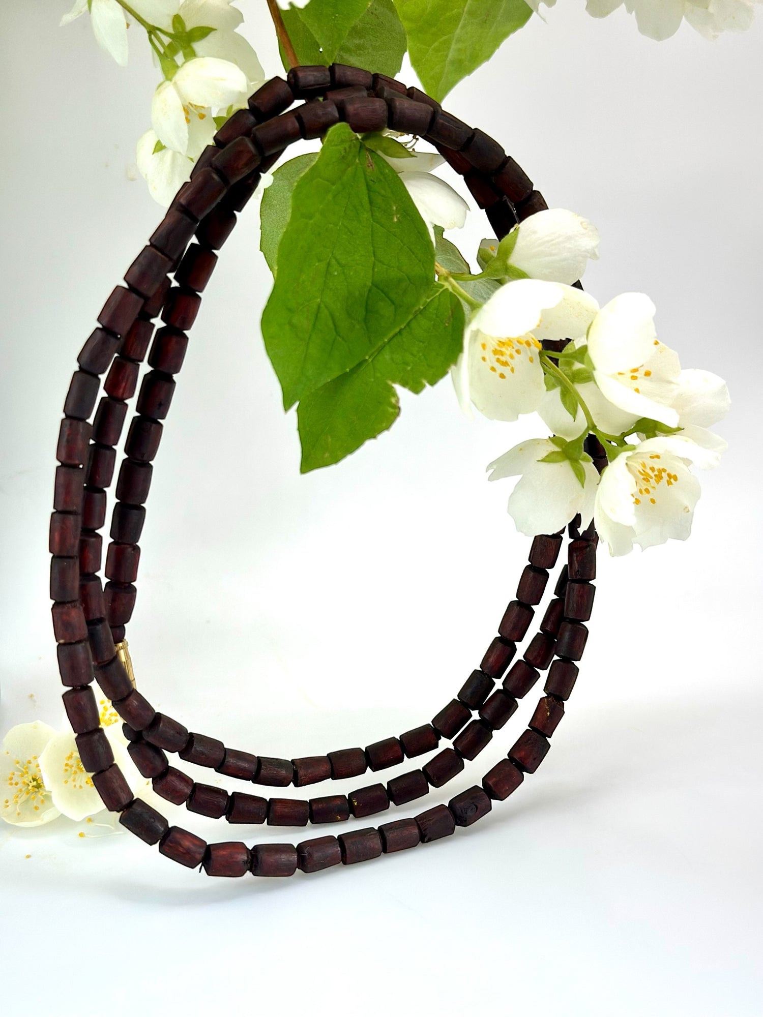 Three-Round Tulsi Kanthi Mala Necklace-Dark brown
