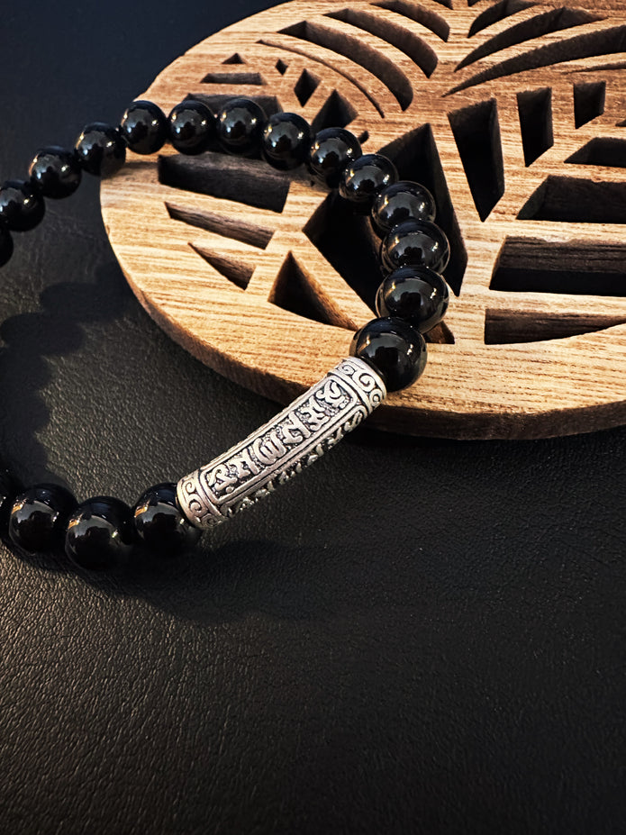 Black Onyx Bracelet with 999 Silver Tibetan Mantra(AAA grade)