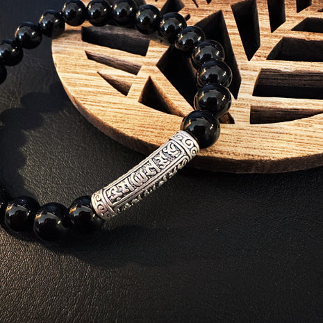 Melnā oniksa rokassprādze ar 999 Sudraba Tibetas Mantru (AAA grade)
