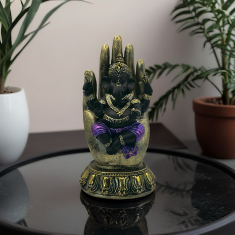 Statuja Ganeša rokās- Violeta ar zeltu un melnu