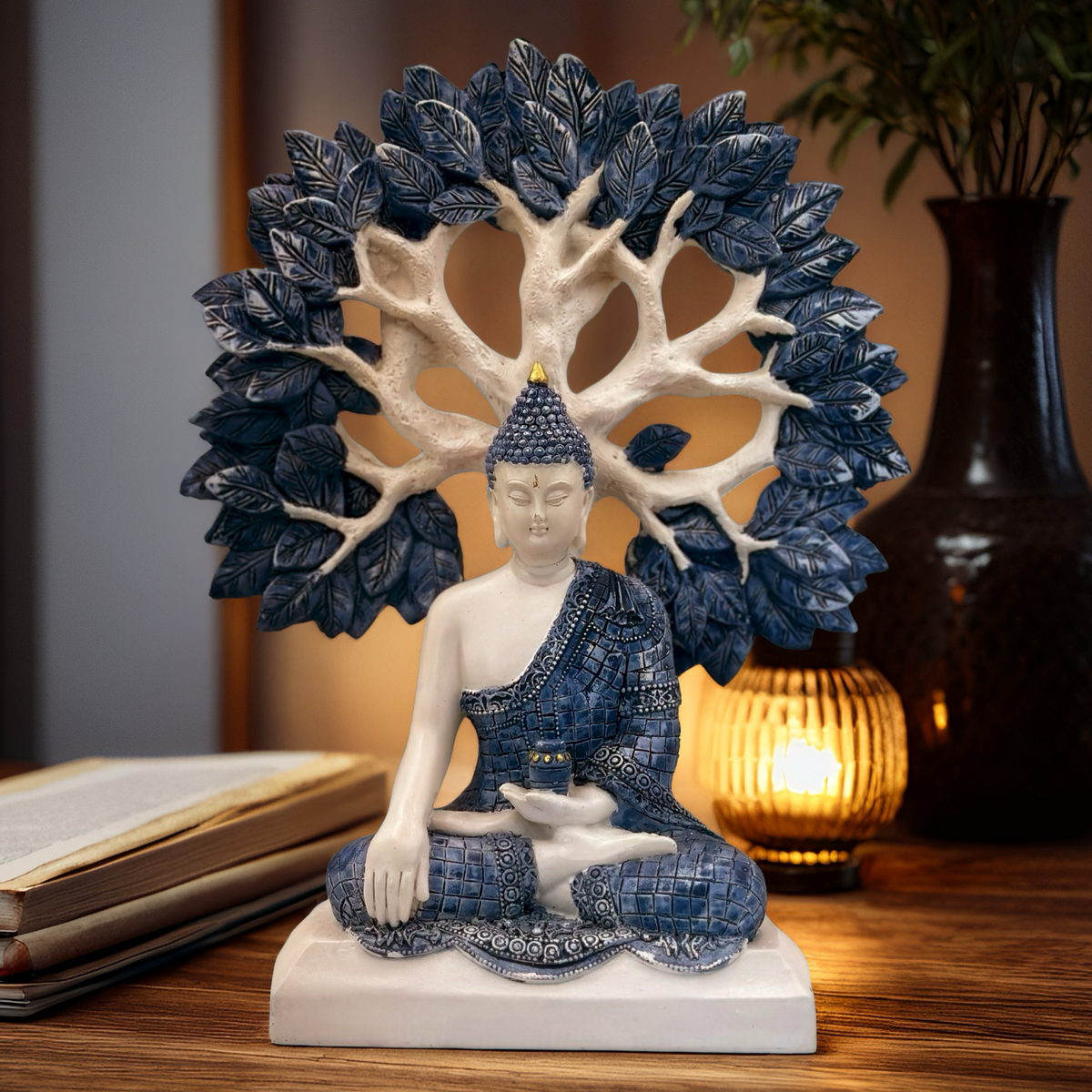 White & Blue Thai Buddha statue-Tree of Life