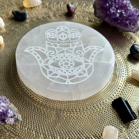 Selenīta uzlādes plāknse – Hamsa Design 10cm