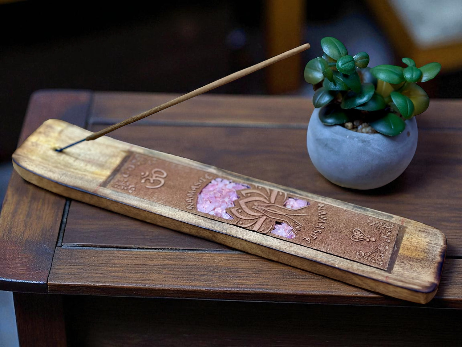 Incense Holder – Namaste with Rose Quartz Crystals