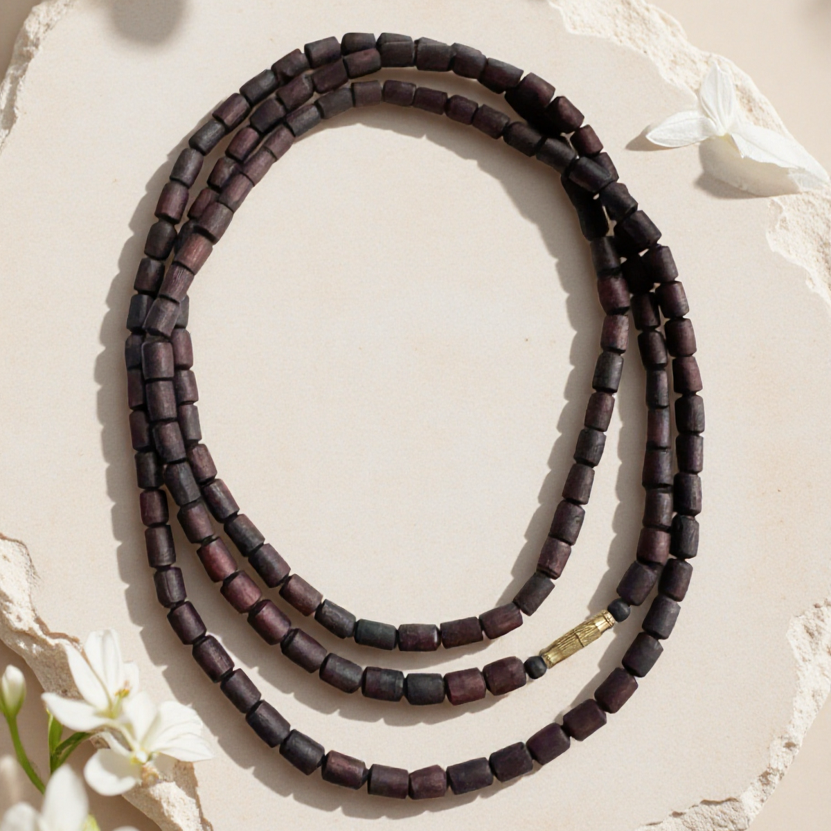 Three-Round Tulsi Kanthi Mala Necklace-Dark brown