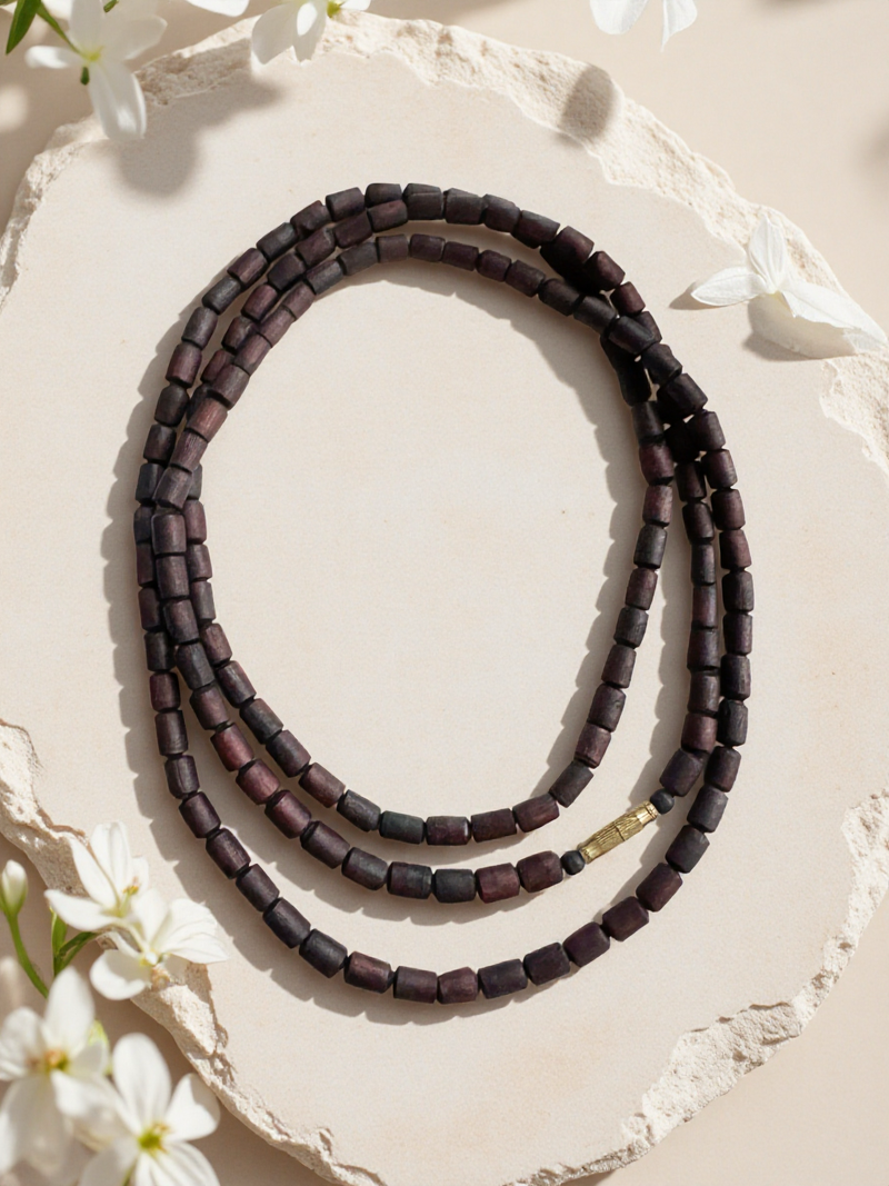 Three-Round Tulsi Kanthi Mala Necklace-Dark brown