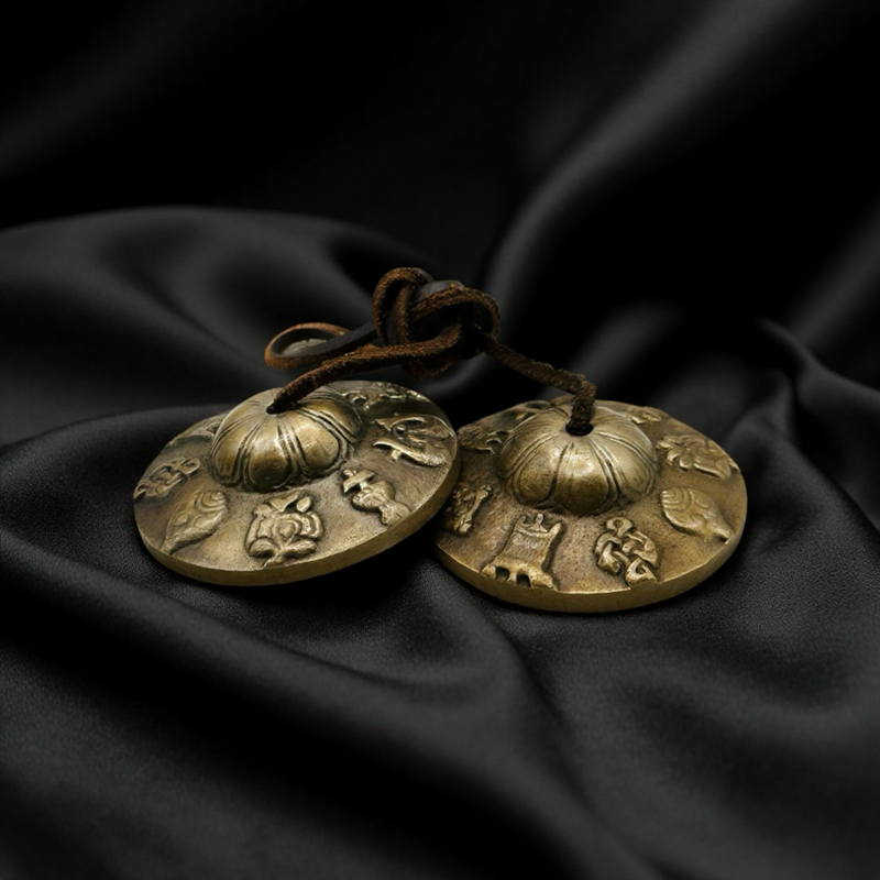 Tingsha Cymbals – 8 Auspicious Symbols of Prosperity, 7.5cm